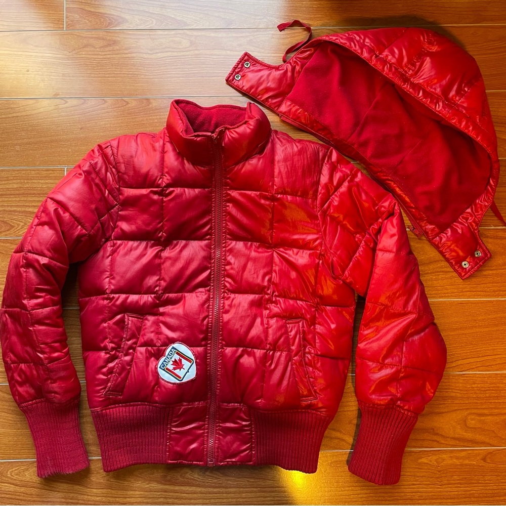 Size S, Red Puffer Jacket with Detachable Hood
